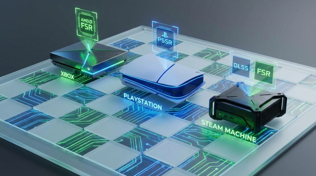 ゲームコンソールエコシステムの競争を視覚化したコンセプト画像。AMD搭載のXbox、PlayStation、Steam Machineを表す3つの抽象的なコンソールがチェスボード上に配置されている