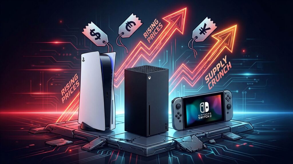 PlayStation 5・Xbox Series X・Nintendo Switch 2の3台が並び、それぞれに上昇する価格タグと上矢印が描かれたコンセプトイラスト