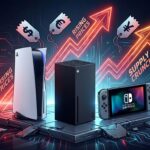 PlayStation 5・Xbox Series X・Nintendo Switch 2の3台が並び、それぞれに上昇する価格タグと上矢印が描かれたコンセプトイラスト