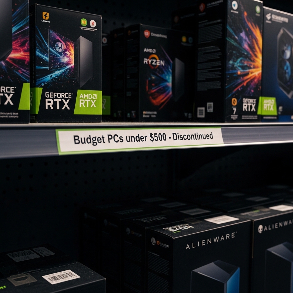 「500ドル以下のバジェットPC - 販売終了」と書かれた空の小売店の棚。背景にはハイエンドゲーミングPCの箱が見える