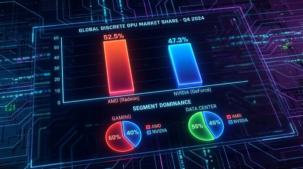 AMDのNVIDIAに対する優勢を示すGPU市場シェアのデータビジュアライゼーション。棒グラフと円グラフ