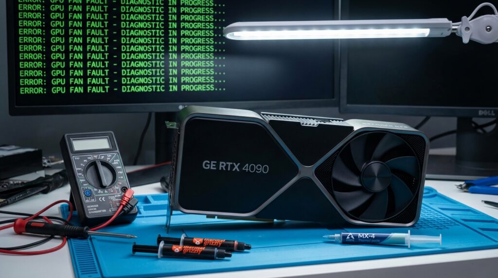 テクニシャンのワークベンチに置かれたハイエンドゲーミンググラフィックスカード。明るい照明の下、周囲には診断ツールとサーマルペーストのチューブが置かれ、背景のモニターにはエラーログが表示されている
