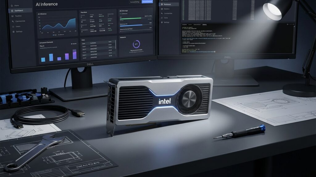 Intel Arc Pro B70ワークステーションGPU、クリーンなラインとモダンな工業デザインのプロフェッショナルグラフィックスカード