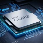 暗い背景に置かれたIntelのデスクトップCPU。青く光る回路トレースに囲まれ、ドラマチックなスタジオ照明でLGAソケットのピンが見えるフォトリアリスティックなプロダクト写真