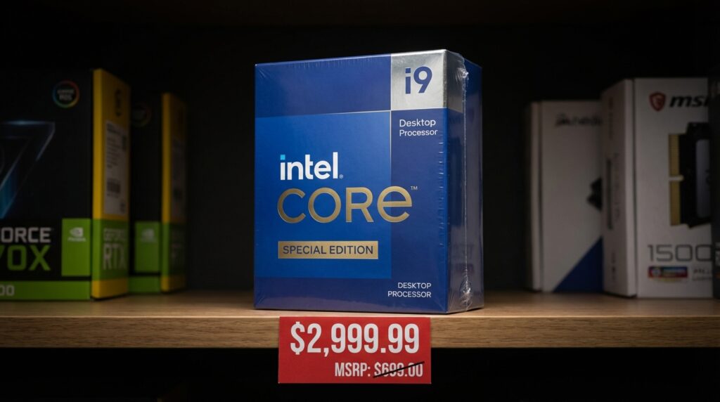 小売店の棚に置かれたIntelデスクトップCPUのリテールボックス。MSRPより明らかに高い価格タグが表示されている