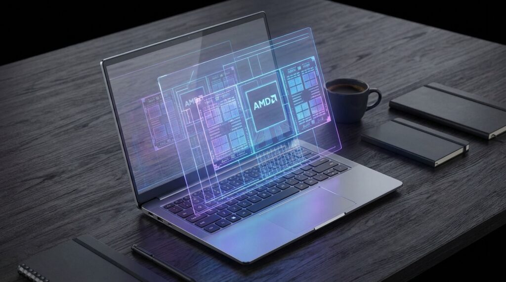 次世代ノートPCを暗いデスク上に半開きで置き、AMDのCPUダイ回路パターンが青紫のサイバー光で浮かび上がるイメージ。フォトリアル、プロダクト写真風、広角