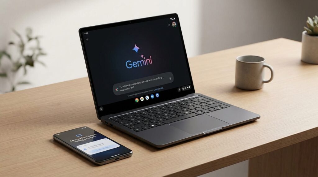 Androidスタイルのインターフェースとジェミニ AIアシスタントを表示したスリムなモダンノートPC。コンティニュイティ機能を表示したスマートフォンを隣に配置