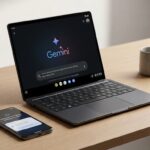 Androidスタイルのインターフェースとジェミニ AIアシスタントを表示したスリムなモダンノートPC。コンティニュイティ機能を表示したスマートフォンを隣に配置