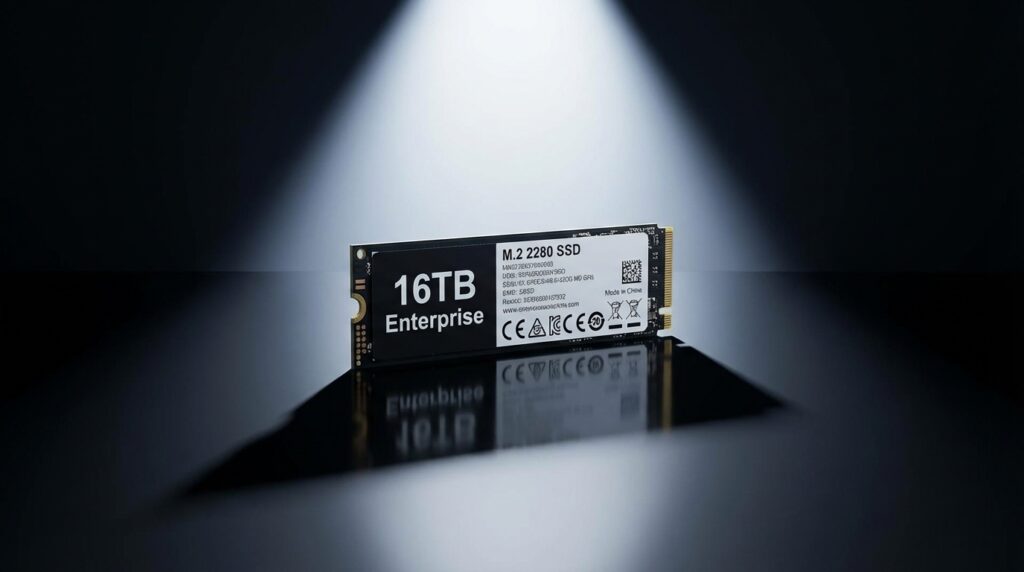 暗い反射面の上にM.2 2280 SSDドライブを1枚置き、ドラマチックなスポットライトで照らす