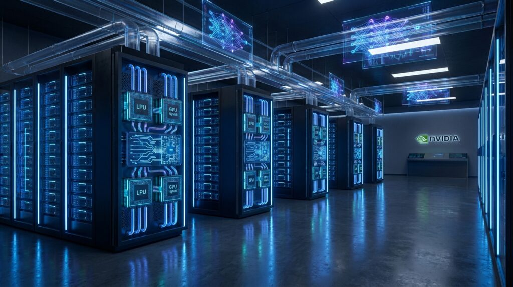 NVIDIAのデータセンター内に設置されたLPUとGPUのハイブリッドラーク構成のイメージ