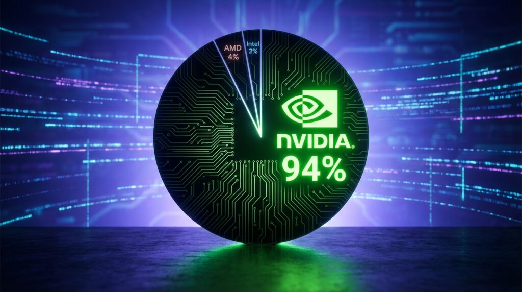 NVIDIAが94%を占めるGPU市場シェアの円グラフ