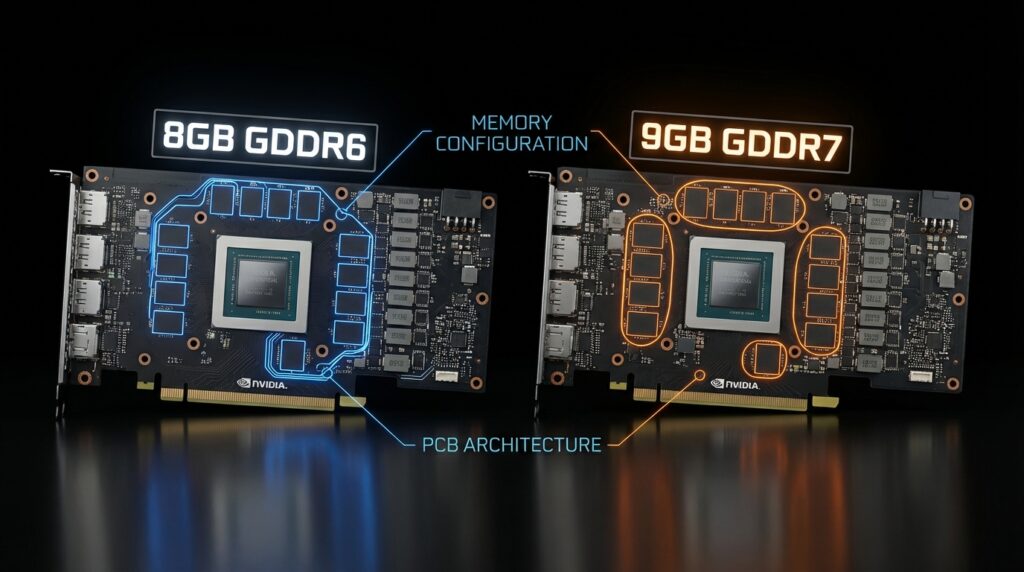8GB GDDR6と9GB GDDR7の2枚のNVIDIA GeForce GPUを並べた比較写真