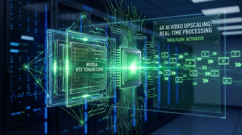 NVIDIA RTX GPUのTensor Coreアーキテクチャが4K AI動画のリアルタイムアップスケーリングを処理する様子