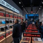 ドラマチックな照明の下、値上がりした価格タグが目立つ現代的なPC量販店の売り場。ノートPCやデスクトップPCが並ぶ棚