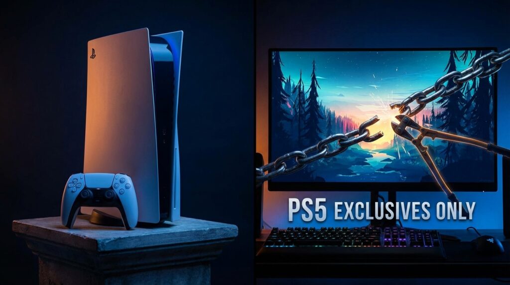 PlayStation 5本体とゲーミングPCモニターを左右に配置し、両者の間のチェーンが断ち切られる構図