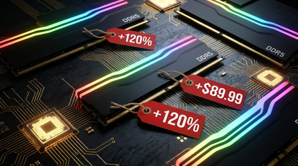 ダイナミックな照明で撮影された複数のDDR5メモリモジュールのクローズアップ