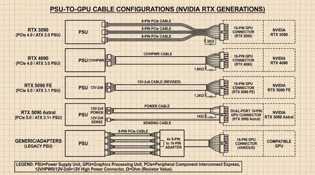 グラフ用紙背景の、NVIDIA GPU世代別PSU配線構成の技術ダイアグラム