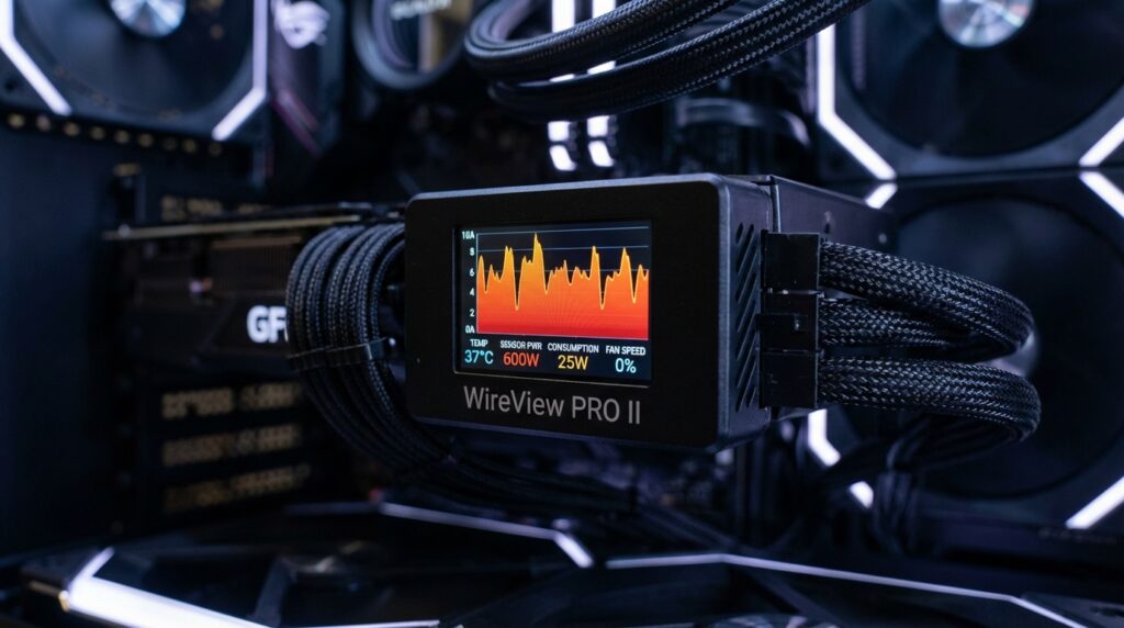 】「WireView PRO II」と表示された小型黒色電力モニタリングデバイスをGPU電源ケーブルにインライン接続した状態