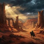 赤い砂漠の地形と中世の廃墟が広がるドラマチックなファンタジーオープンワールドの風景