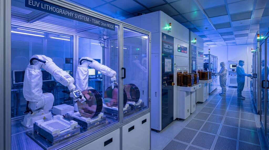 最先端の半導体製造クリーンルーム内部。青い紫外線照明のもとでウェハを扱うロボットアームと、TSMCの3nmプロセス対応装置