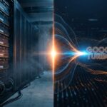 劇的なスプリットスクリーン構図：左側は薄暗いデータセンターに立ち並ぶDDR5メモリモジュールが光るサーバーラック、右側はGoogleのTurboQuantアルゴリズムによるメモリ圧縮を象徴するデータの波が一点に収束するスタイライズドなビジュアル