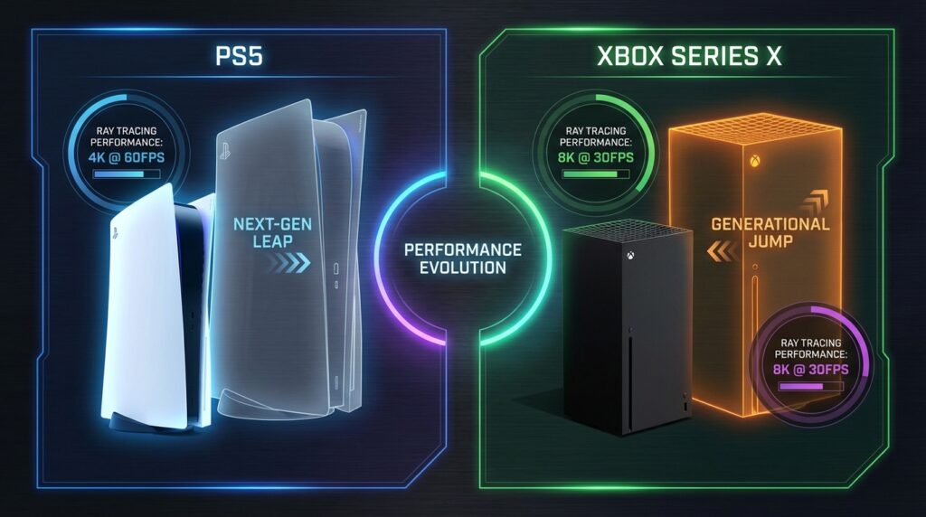 PS5・Xbox Series Xと次世代コンソールのシルエットを並べた世代間性能比較インフォグラフィック