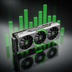 暗い反射面の上に置かれたNVIDIA GeForce RTX5070グラフィックカード