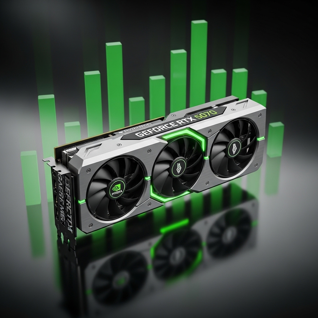 暗い反射面の上に置かれたNVIDIA GeForce RTX5070グラフィックカード
