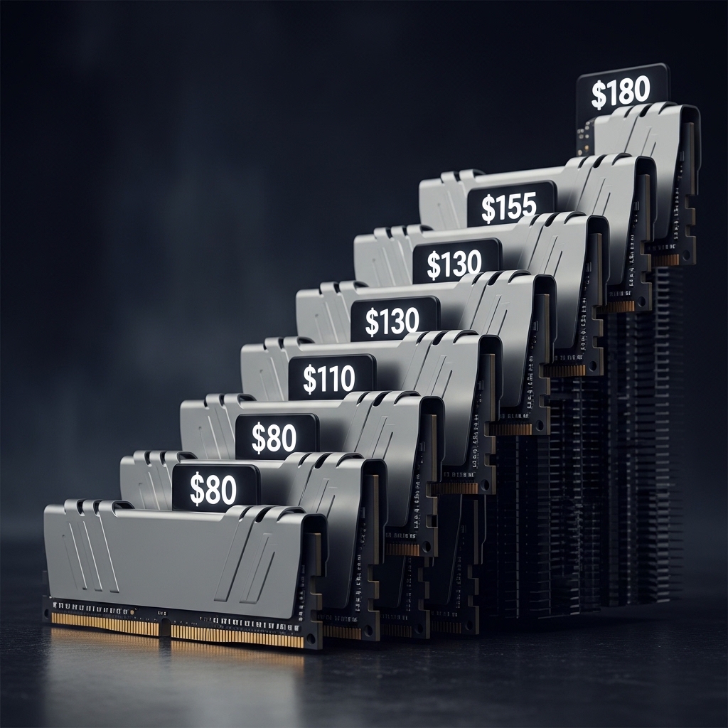 暗い背景の前に上昇する階段状に並べられたDDR5 RAMモジュール