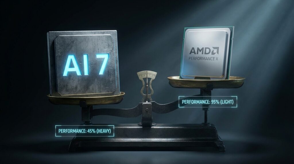 2つのAMDノートPC向けプロセッサーが天秤の上に並ぶ。「AI 7」と書かれた方が見た目は重厚だが性能では劣るという逆説を象徴したコンセプトアート
