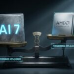 2つのAMDノートPC向けプロセッサーが天秤の上に並ぶ。「AI 7」と書かれた方が見た目は重厚だが性能では劣るという逆説を象徴したコンセプトアート