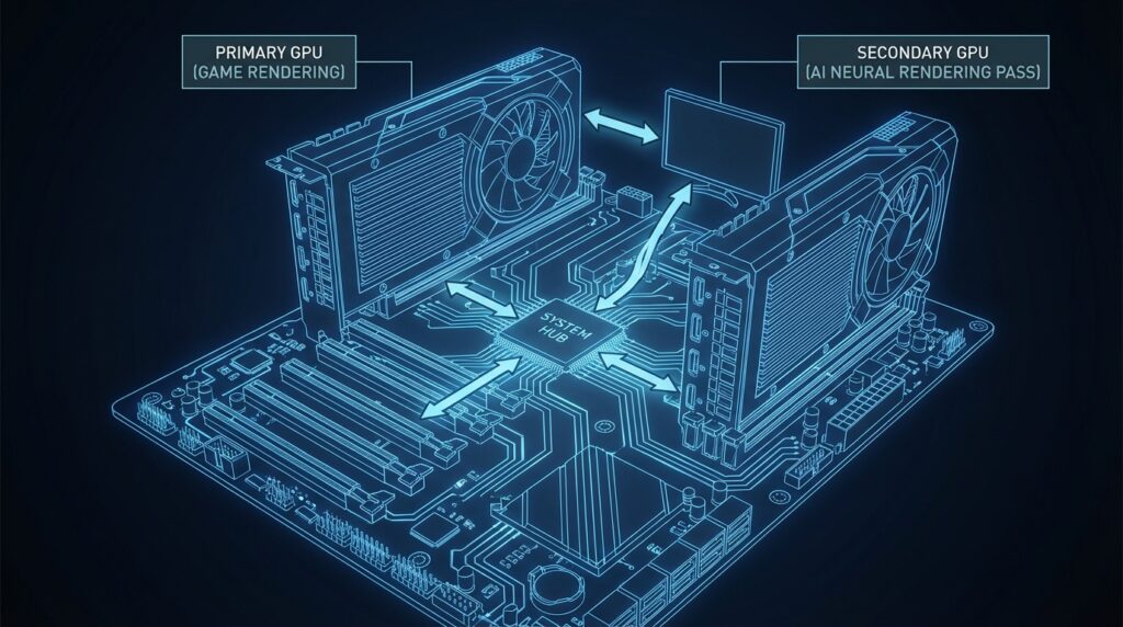 1台がゲームレンダリング用、もう1台がAIニューラルレンダリングパス用として接続された2枚の高性能GPUを示す概念図