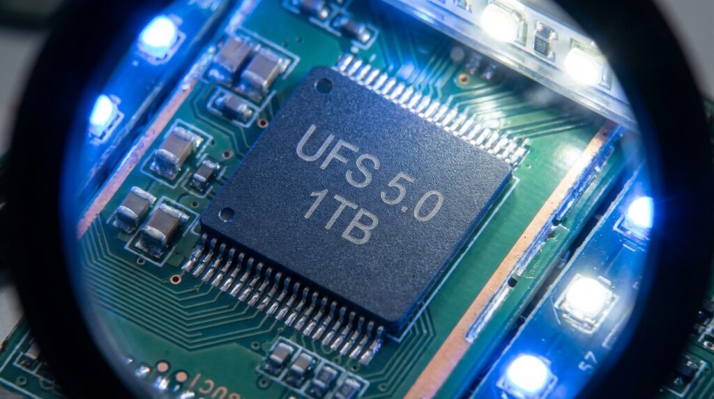 回路基板上に搭載されたコンパクトなUFS 5.0フラッシュストレージチップのクローズアップ
