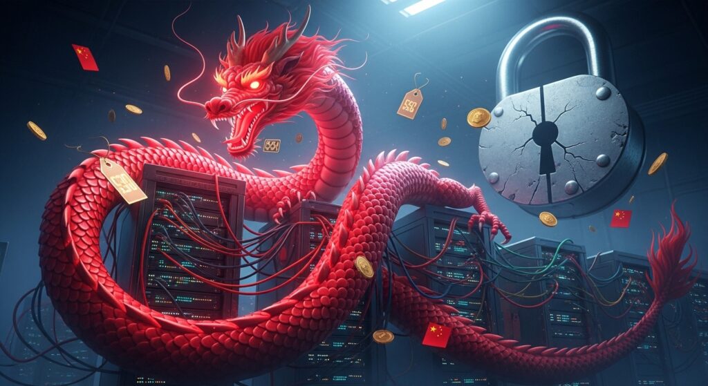 中国の赤いドラゴンがサーバーラックに絡みつき、格安の価格タグが浮かんでいる。