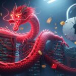 中国の赤いドラゴンがサーバーラックに絡みつき、格安の価格タグが浮かんでいる。