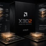 モノクロのマット仕上げパッケージに収められたハイエンドデスクトッププロセッサ。左右対称に3D積層キャッシュを持つ2つのチップレット構造図が光るように描かれ、スタジオ撮影スタイルの技術製品写真