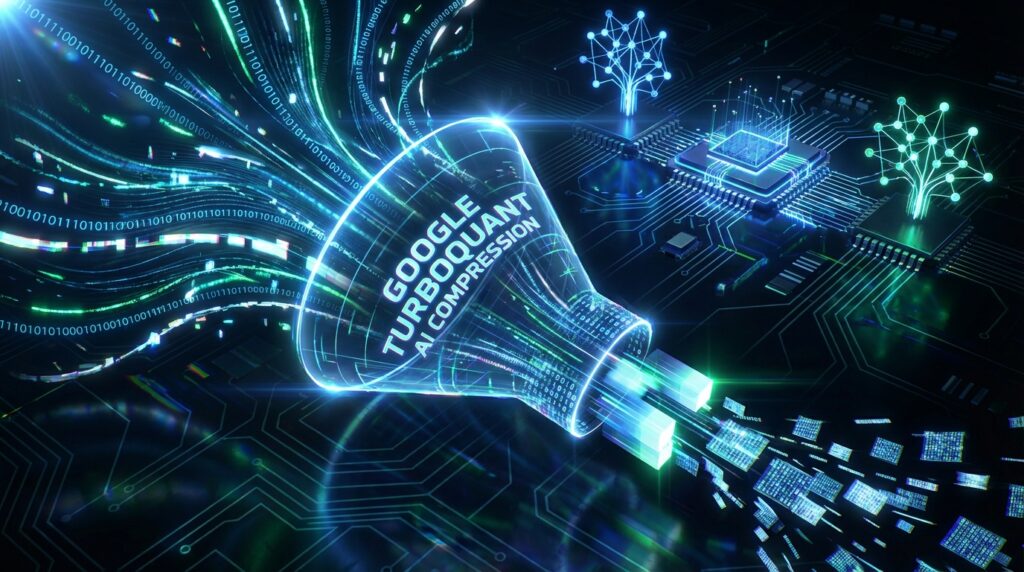 Google TurboQuant AIコンプレッションアルゴリズムの概念的な抽象ビジュアライゼーション