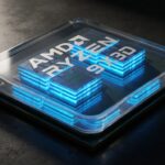 透明なヒートスプレッダーの下に2基のシリコンチップレットが見えるAMDデスクトッププロセッサーの接写レンダリング