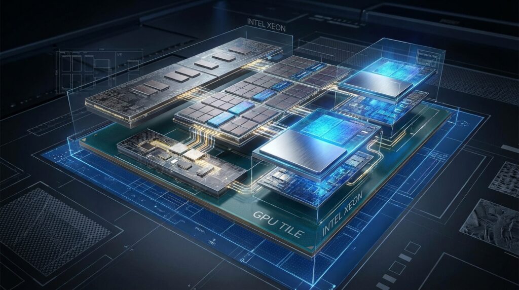 IntelのCPUチップレット構造の抽象的な可視化。青と銀色に光る複数の相互接続ダイと統合GPUタイル