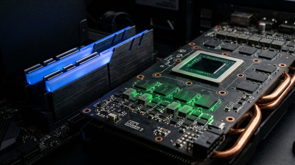 コンピューターのRAMスティックと、VRAMチップが強調されたGPUのクローズアップ