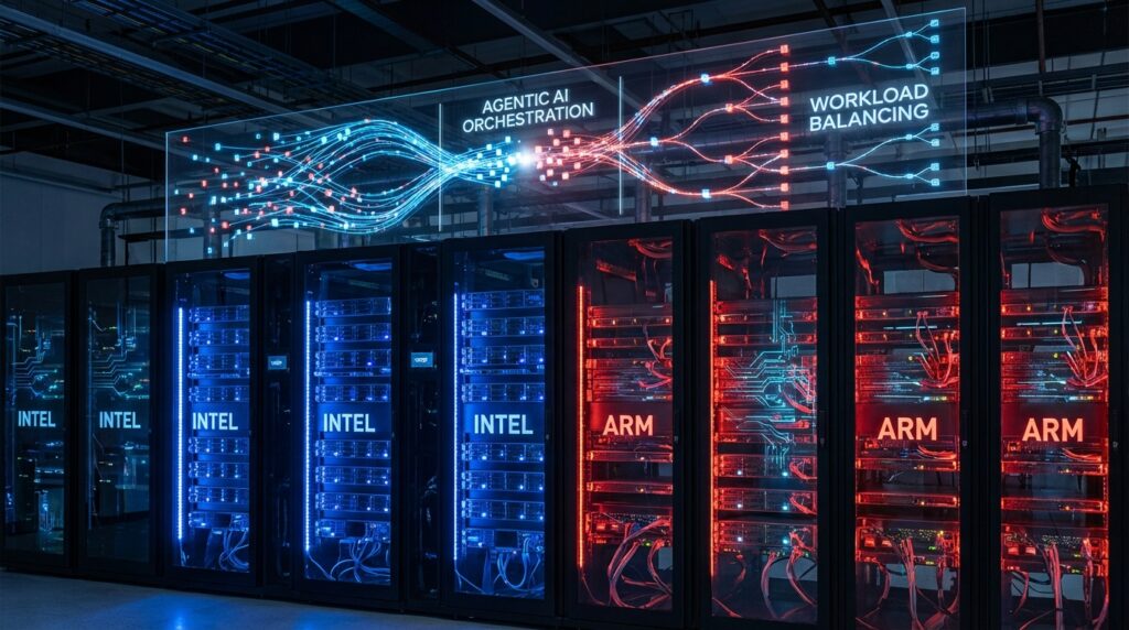 ARMとIntelのサーバーCPUが並んだデータセンターのコンセプト画像