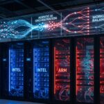 ARMとIntelのサーバーCPUが並んだデータセンターのコンセプト画像