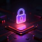 暗闇の中で発光するGPUチップ、上に浮かぶホログラムの錠前シンボル