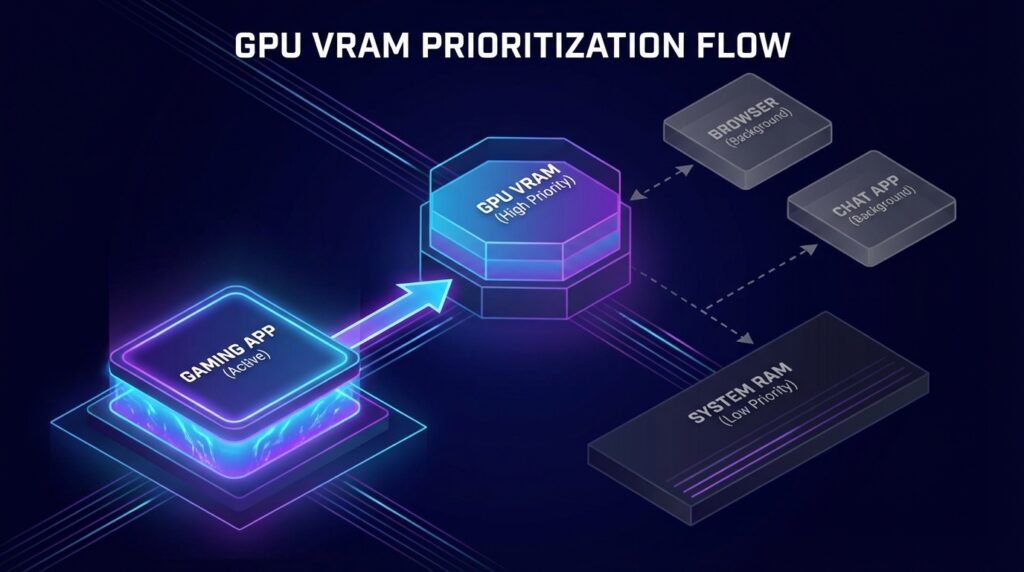 GPUのVRAMメモリ優先制御を視覚化した図解。フォアグラウンドのゲームアプリが全VRAMを確保し、バックグラウンドのブラウザ・チャットアプリは低優先度として遅いシステムRAMに退避されている様子