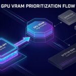 GPUのVRAMメモリ優先制御を視覚化した図解。フォアグラウンドのゲームアプリが全VRAMを確保し、バックグラウンドのブラウザ・チャットアプリは低優先度として遅いシステムRAMに退避されている様子