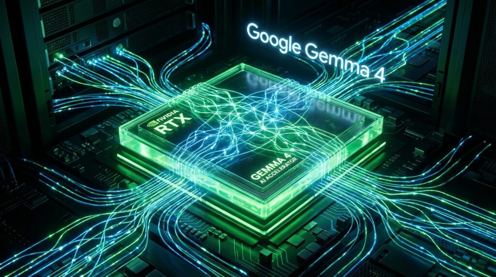 Google Gemma 4 AIモデルがNVIDIA RTX GPU上で動作する未来的なビジュアライゼーション