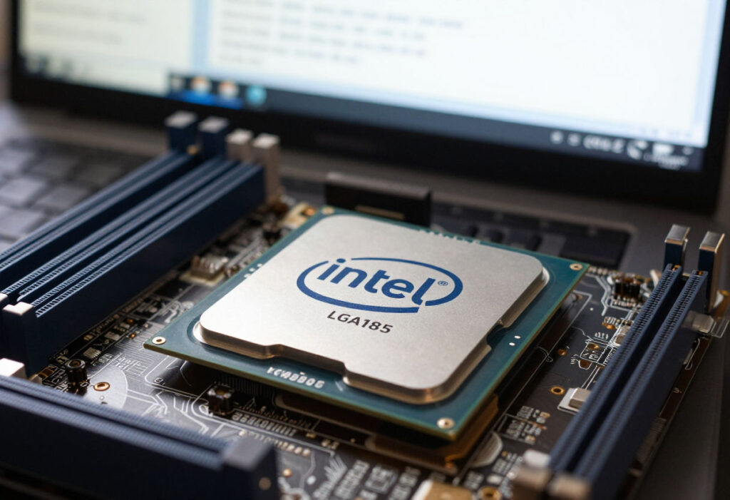 Mini-ITXマザーボード上に置かれたIntel LGA1851デスクトッププロセッサのクローズアップ