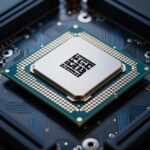 ntelデスクトップCPUとLGAソケットを接写したプロダクトフォトグラフィー風のコンセプト画像