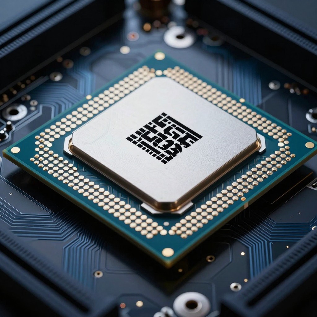 ntelデスクトップCPUとLGAソケットを接写したプロダクトフォトグラフィー風のコンセプト画像