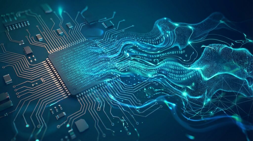 イクロチップ回路がソフトウェアのコードストリームへと変容する抽象的なデジタルイラスト